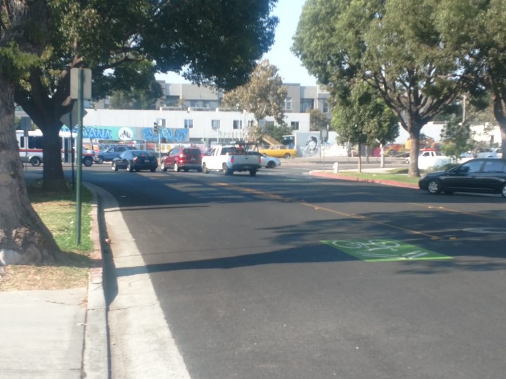 Sharrows on Cypress Avenue approaching First Street. First Street has roughly 7 lanes of traffic, so crossing by bike is a lengthy maneuver.