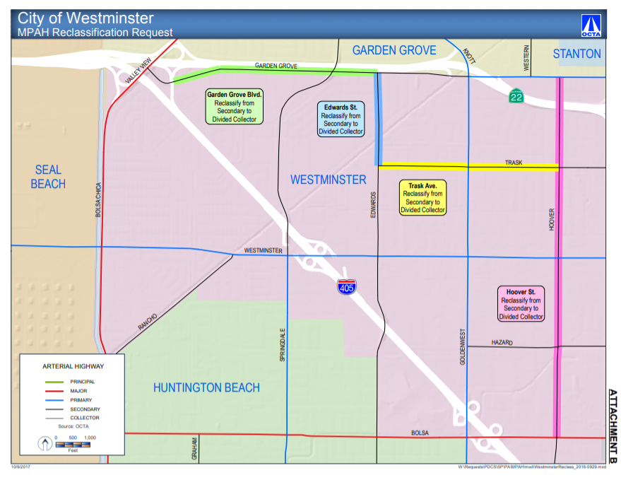 The City of Westminster is seeking to reclassify four of its streets from four-lane roads to two lanes and add bike lanes, a cycletrack and pedestrian improvements. Image: OCTA
