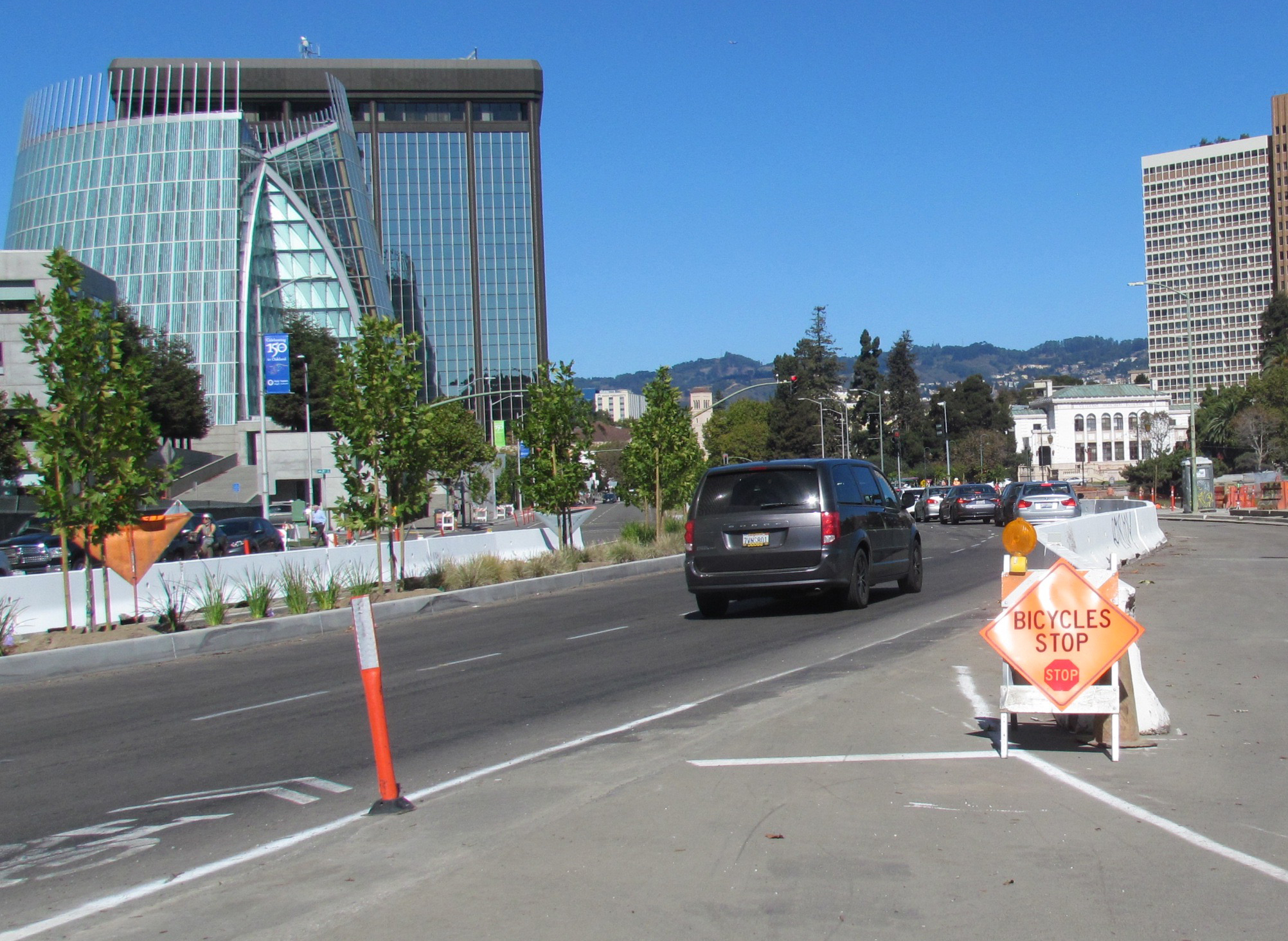 Bike riders have to merge with traffic at the north end of the protected bicyle lane--for now.