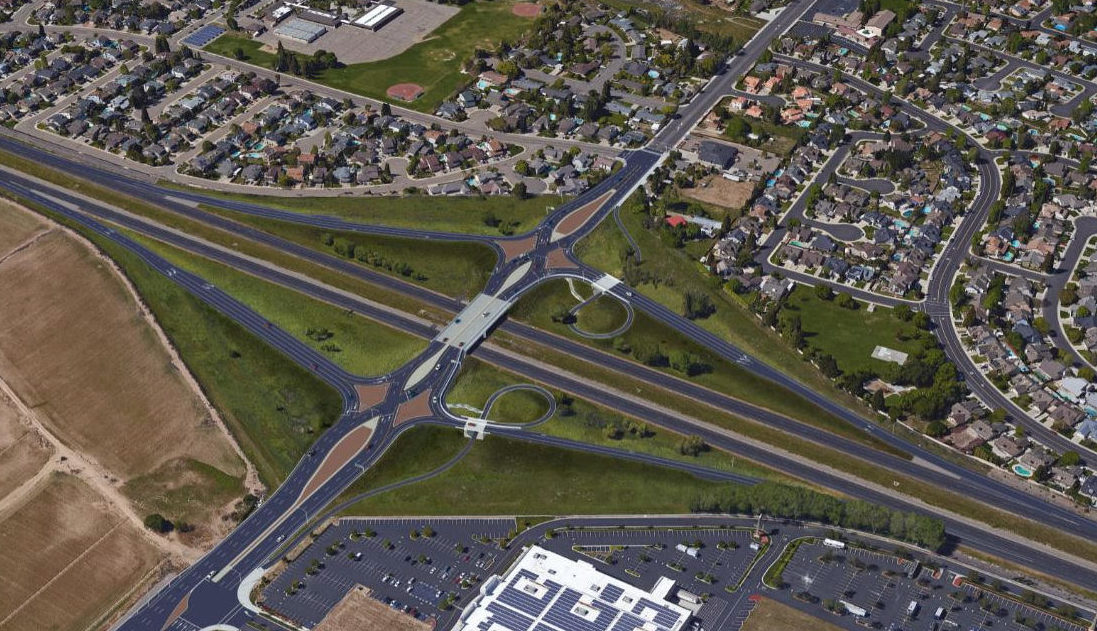 The planned DDI in Manteca. An elementary school at the top left, a park on the top right, and a shopping center at bottom left.
