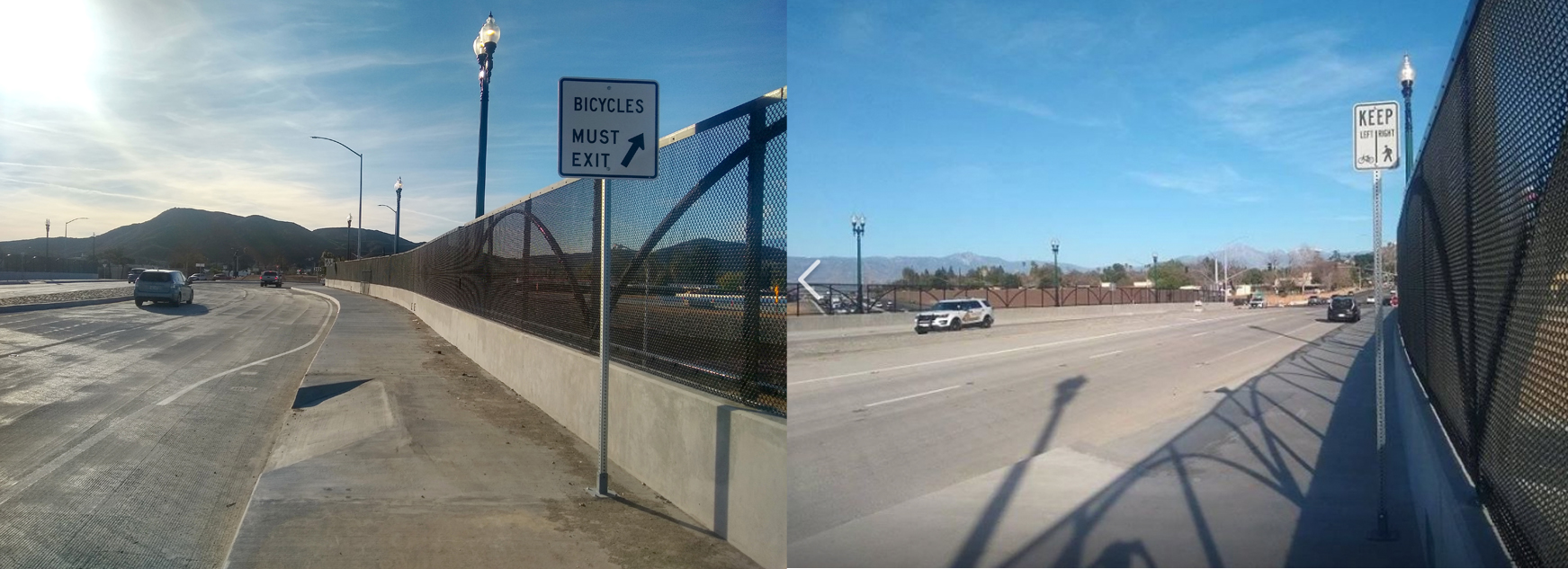 This recently completed roundabout in the Inland Empire includes sharp curb ramps and forces people walking and biking to share a narrow sidewalk. If this is Caltrans' idea of a Complete Street, it's no wonder so few people are willing to walk or bike in California. Photos by Marven Norman.