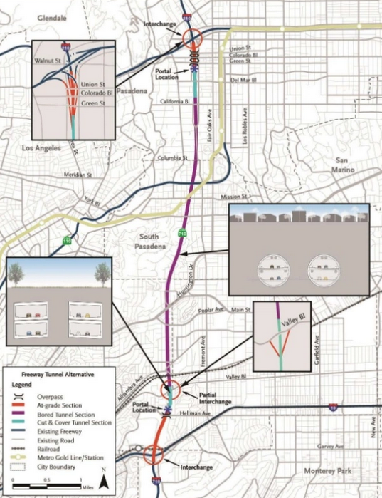 Caltrans must sell about 68 properties along this now-dead alignment of the 710 Freeway North for housing, according to state law. Image from LA Metro.