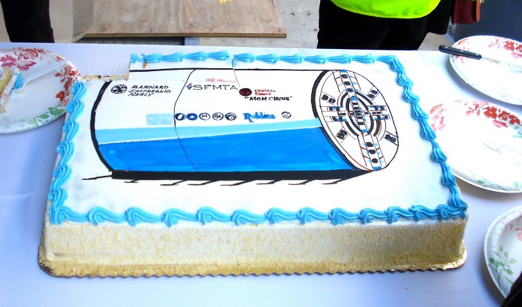 A cake in honor of Mom Chung, the Central Subway tunnel boring machine. SF Mayor Ed Lee cut the first slice as part of a 2013 tour.