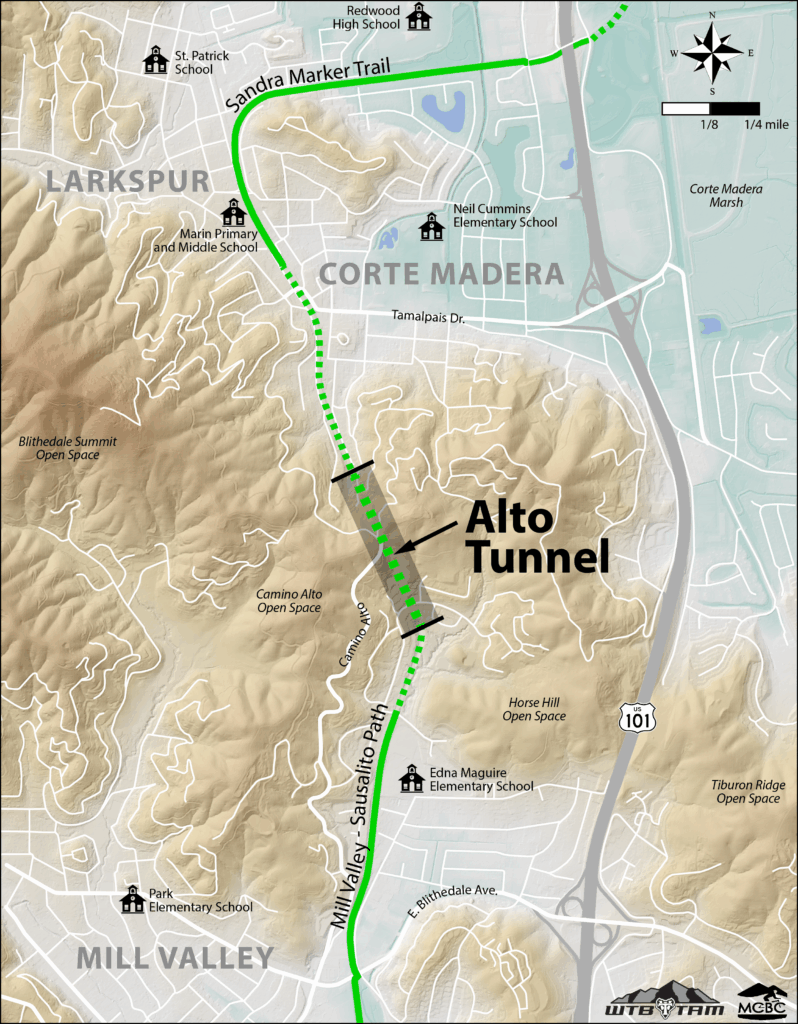 Map showing proposed Alto Tunnel connection linking Corte Madera and Mill Valley along the North-South Greenway."